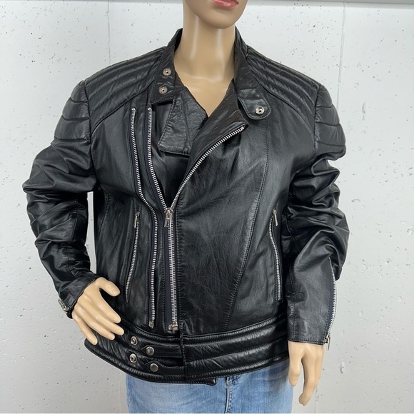 Vintage Pierre Jacques Black Leather Moto Motorcycle Biker Jacket French Size 44 - Picture 1 of 16